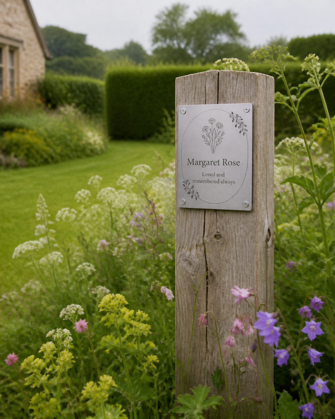 Professionally engraved silver memorial plaque on a wooden post in a cottage garden