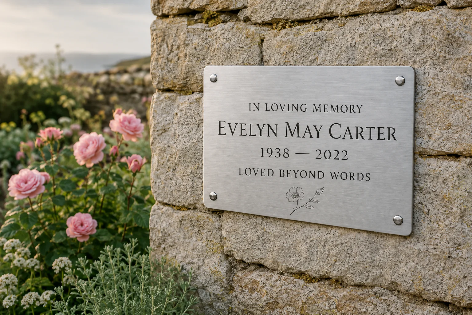 Silver-effect memorial plaque secured to a Cornish granite garden wall