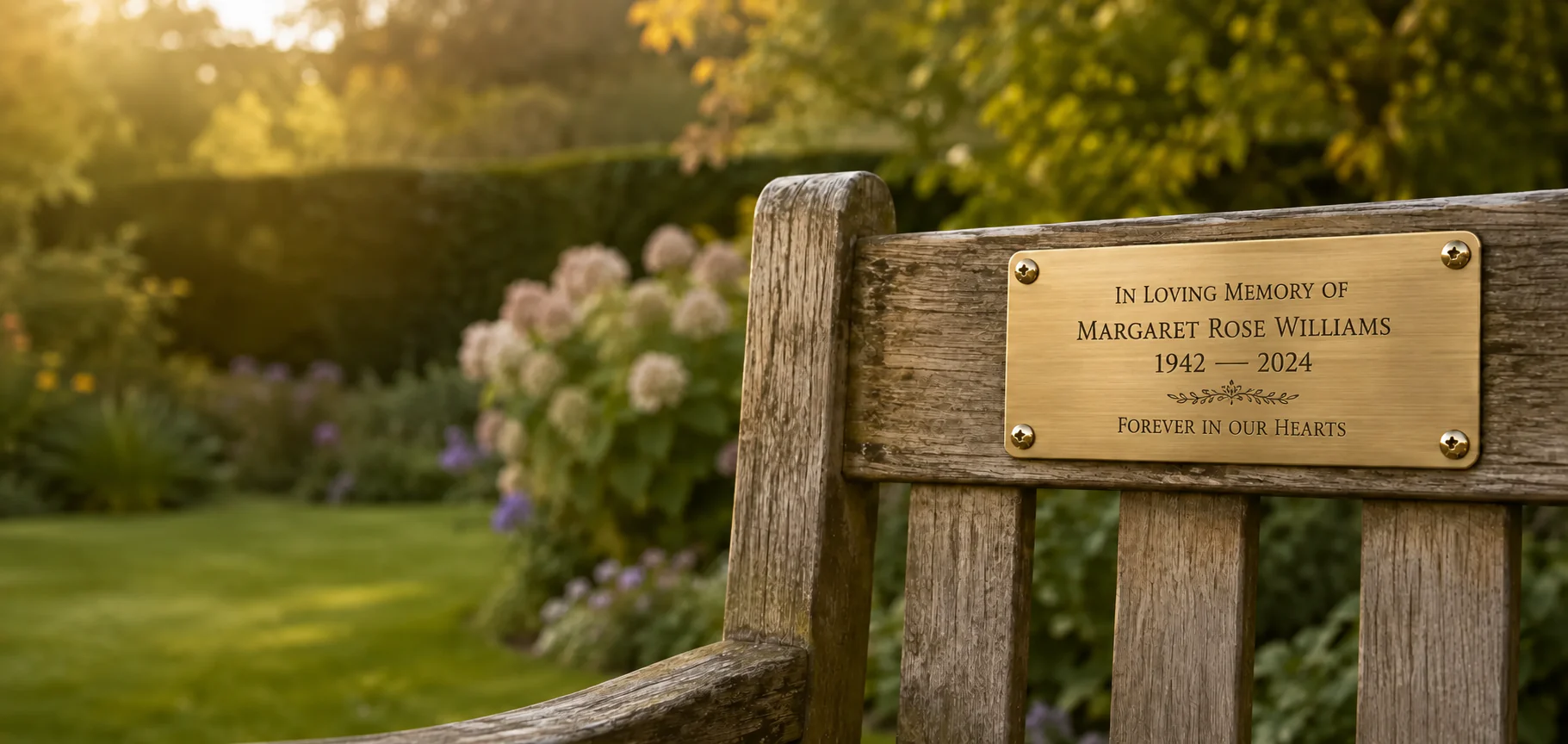 Brass-effect memorial plaque secured to an oak remembrance bench in a peaceful garden