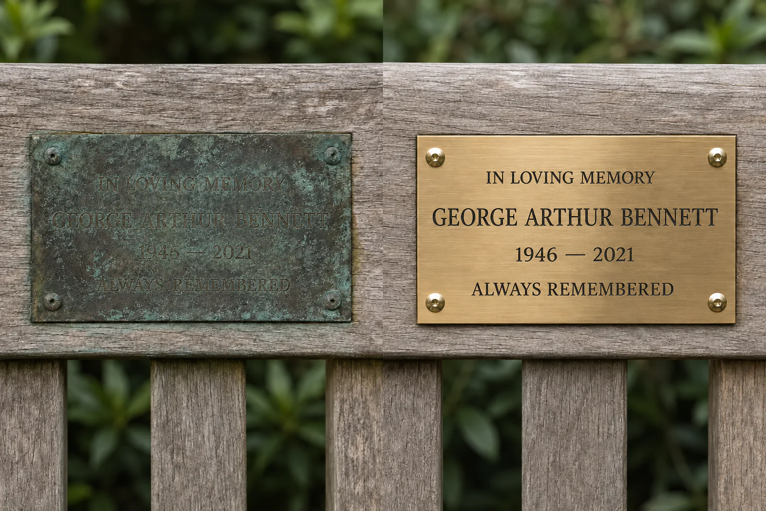Comparison between a heavily corroded traditional brass plaque and a clean modern brass-effect memorial plaque